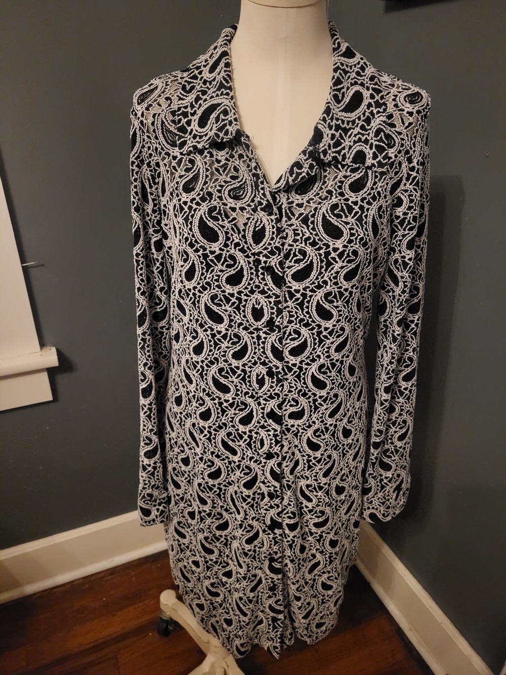 Black and White Paisley Long Sleeve Shirt Dress - Women's